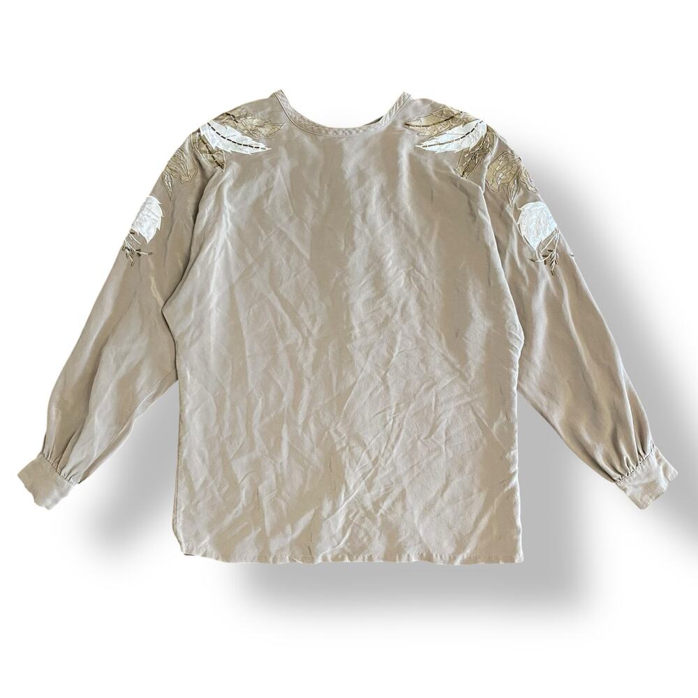 Gary Fabrikant Vintage‎ Silk Beaded Blouse Womens Size 8 Brown White